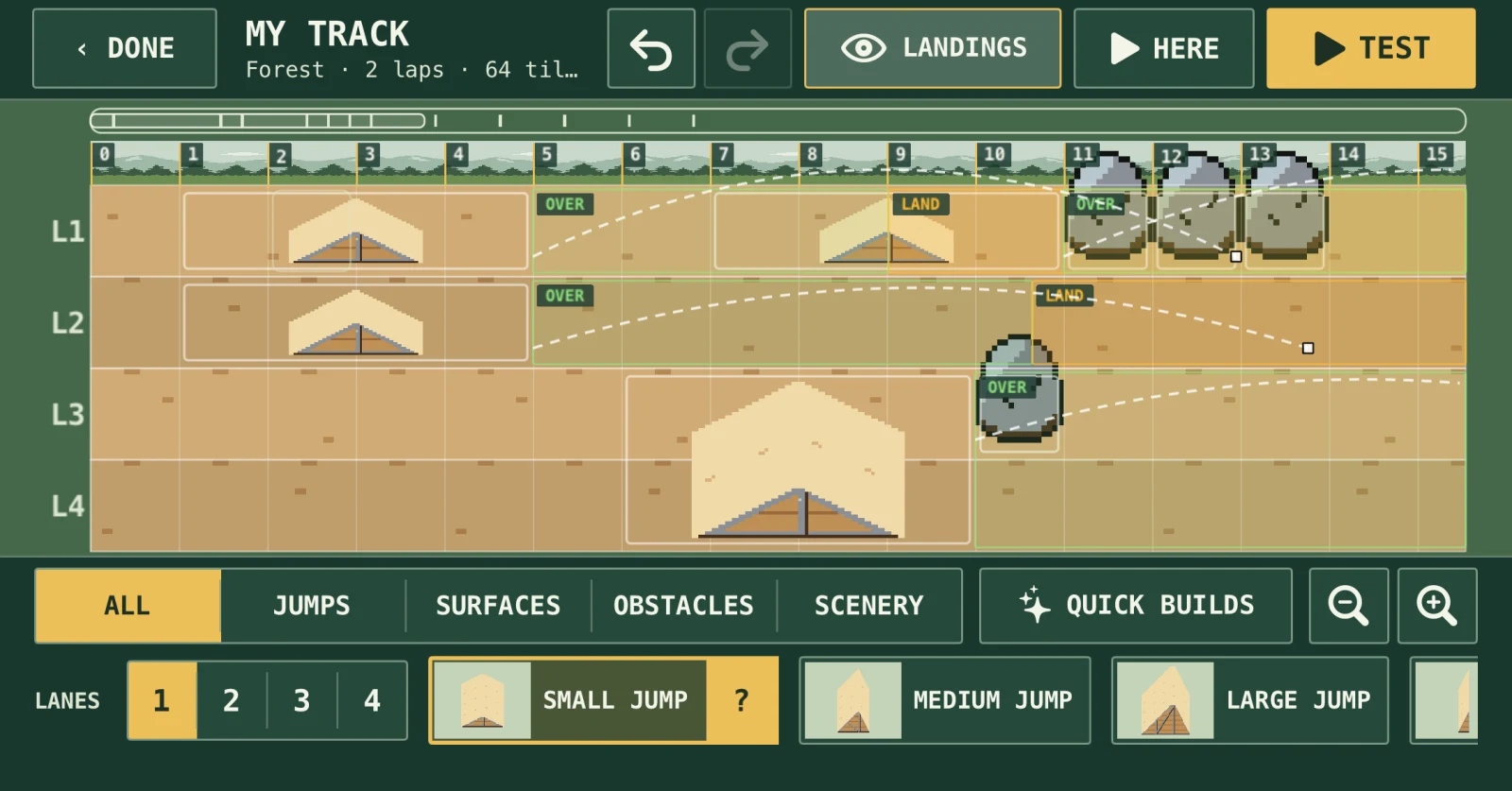 The track builder: four lanes with jumps and rocks, dashed flight arcs and marked landing zones