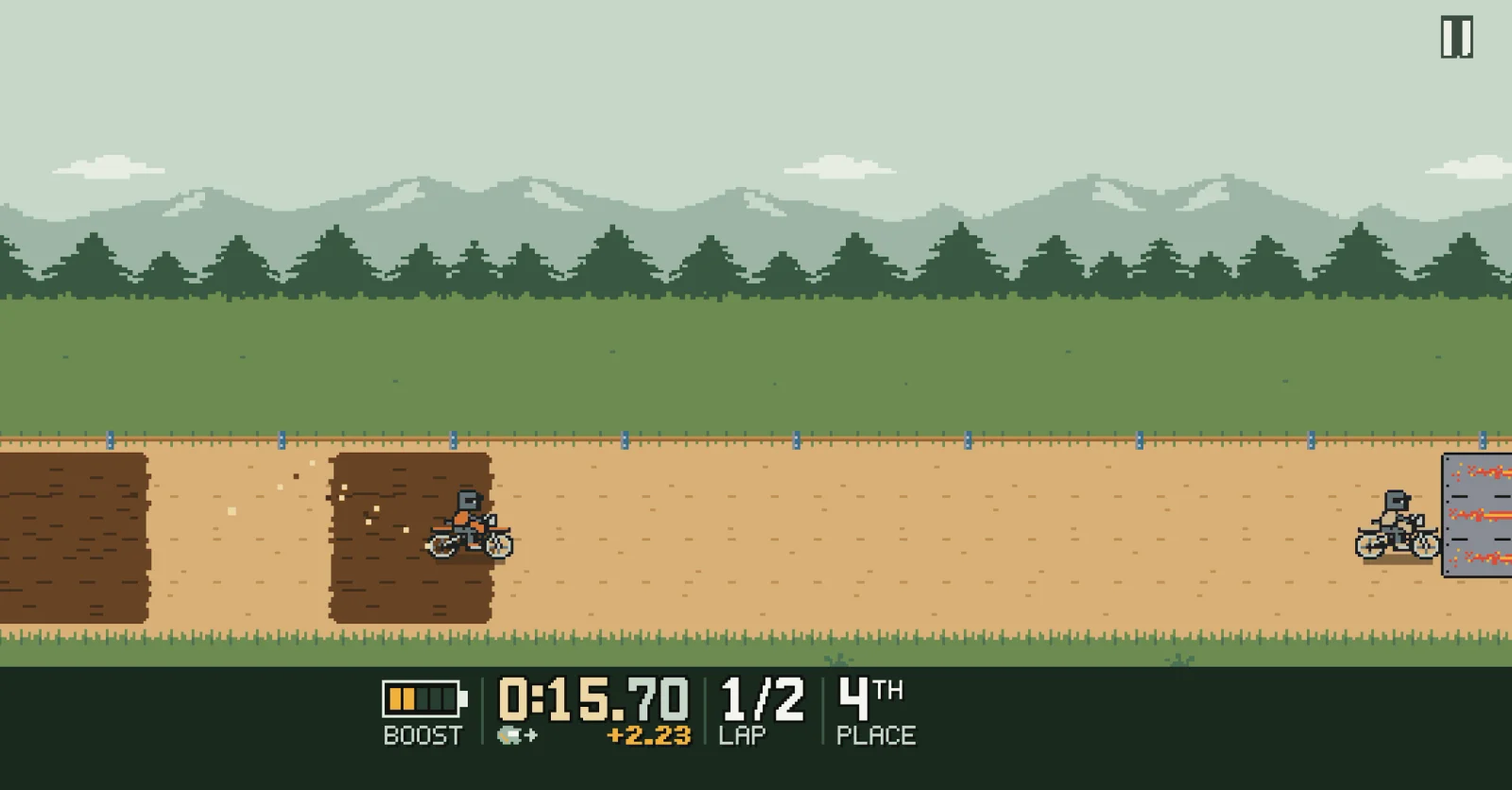 Forest track: a rider throws up mud while a rival lines up a boost strip