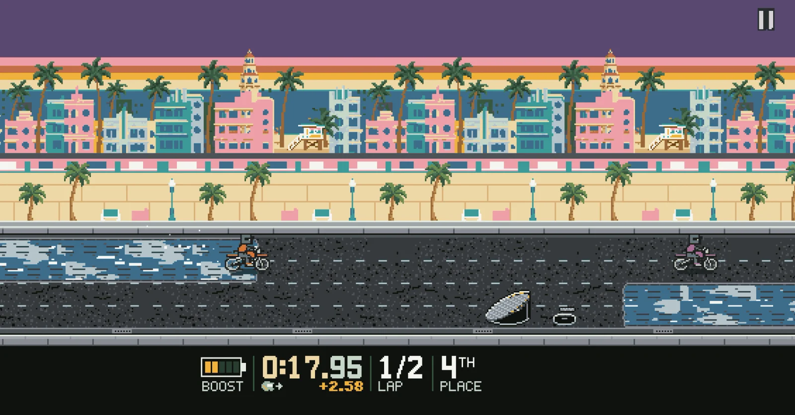 Miami track: riders splash through puddles in front of pastel art deco hotels