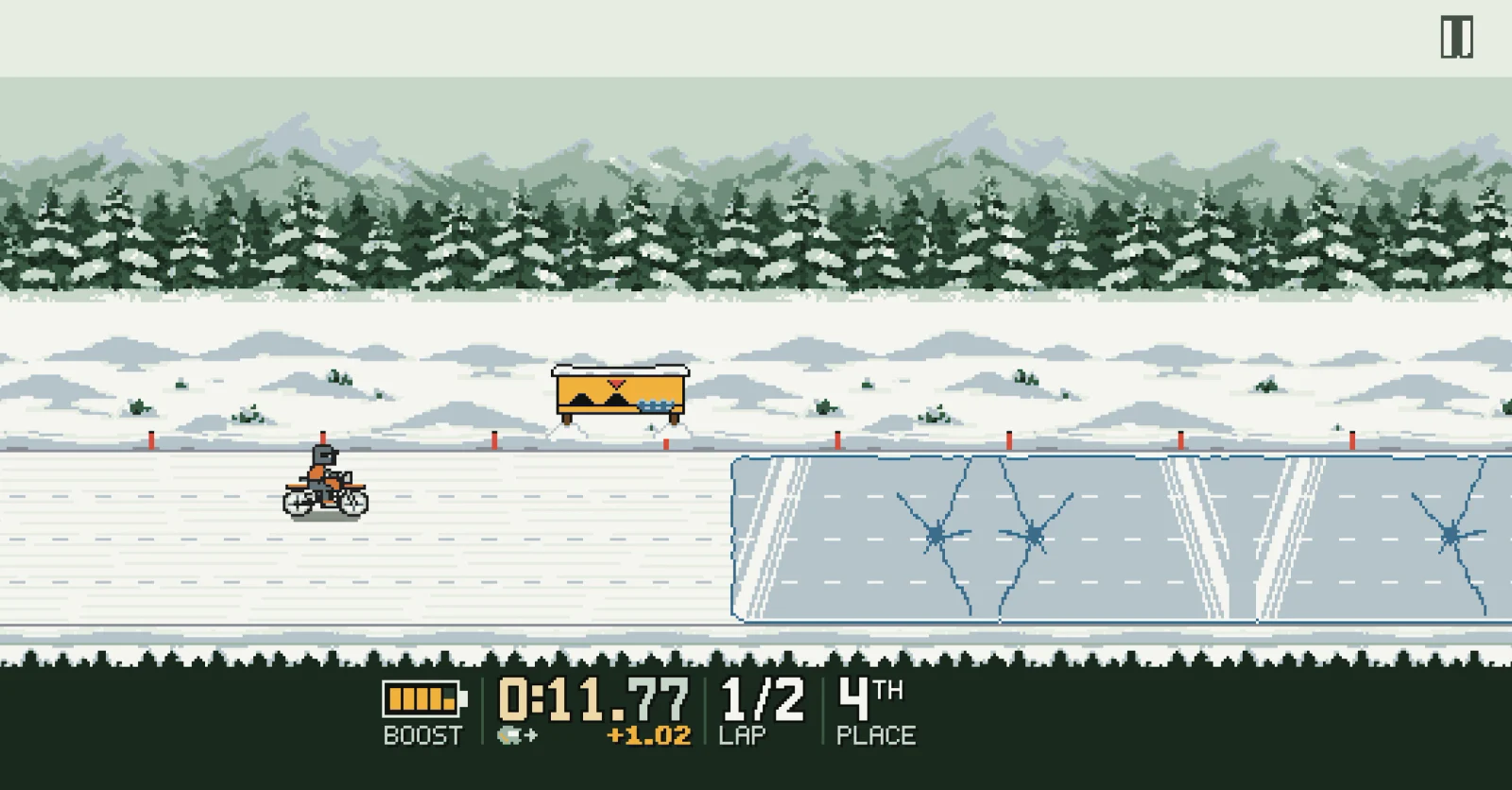 Snow track: a rider approaches a stretch of cracked ice